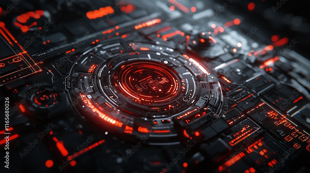 Poster futuristic technology interface with glowing red circular core.