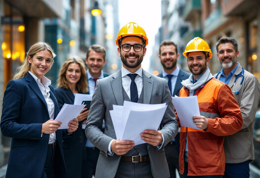 Construction professionals gather in urban setting for project discussion and planning with documents in hand during late afternoon hours