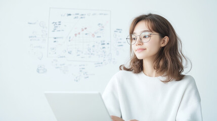 young woman with glasses is engaged in online learning, using tablet in bright, minimalistic environment. She appears focused and motivated, surrounded by educational diagrams