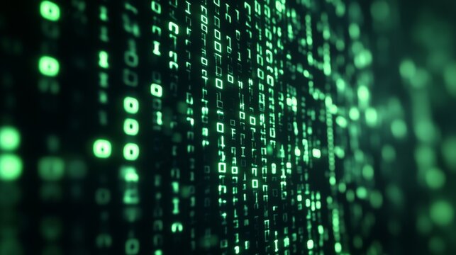 Green digital code on dark background.
