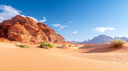 Naklejka premium Sunny desert landscape with sand dunes and red rock formations under a clear blue sky.