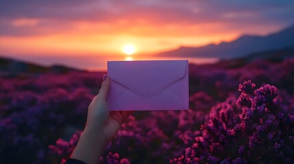 A hand holding a pink envelope in front of a beautiful purple field