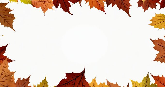 A slow-motion capture of autumn leaves in vivid colors, floating from all sides to form a natural, rustic border against a white background. Each leaf is isolated