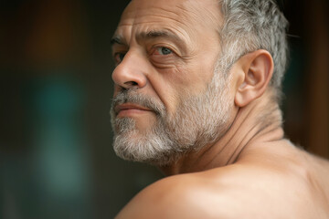 Obraz premium Profile Close-Up of Mature Man with Gray Beard in Natural Light Highlighting Thoughtful Expression and Detail