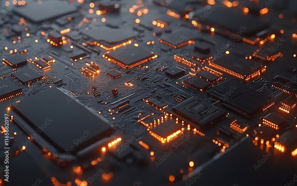 Poster close-up of illuminated circuit board with glowing components.