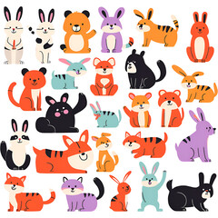 Obraz premium A vibrant collection of cute cartoon animals, including rabbits, foxes, bears, and cats, perfect for children's products, illustrations, and playful designs.