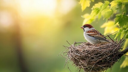 Sparrow building a nest in a quiet grove, each twig placed carefully, patience, serenity, balance