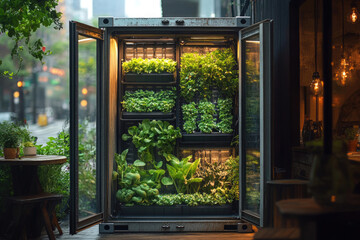Indoor vertical farm in a repurposed shipping container, showcasing various leafy greens under artificial lighting.