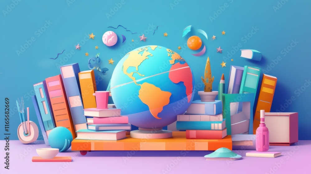 Aufkleber colorful 3d render of a globe surrounded by books and educational objects inspiring global learning 