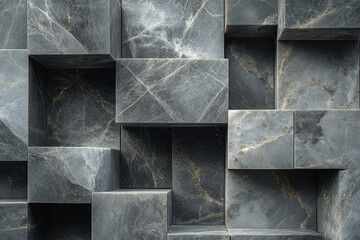 Textured gray stone wall featuring three-dimensional cube patterns with various depths and shades of gray