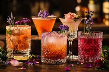 Colorful cocktails garnished with flowers displayed on a wooden bar during a stylish gathering