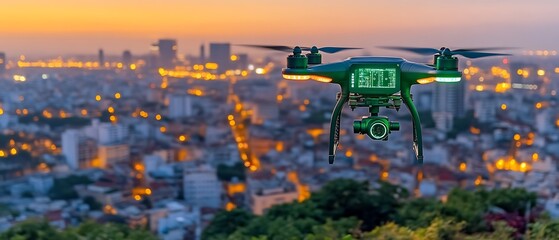 Drone flying over city at sunset. (1)