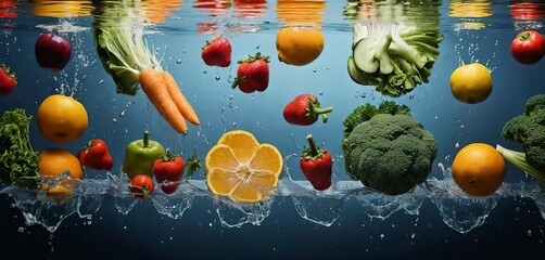 Fruit and water splashes isolated on a white background, with a dynamic and colorful composition