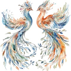 Fototapeta premium Watercolor Painting of Two Mythical Birds Facing Each Other with Floral Details.