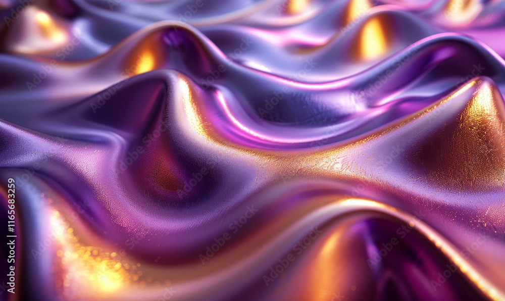 Poster wavy metallic surface with golden and purple colors in abstract 3d rendering, perfect for modern bac