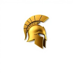 Side view Spartan helmet with a crest logo, stylized and futuristic, sleek metallic design with gold and bronze tones