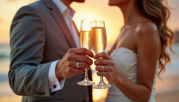 A romantic image showing a newlywed couple celebrating with champagne during a sunset at the beach. Highlights their wedding attire and joyful connection captured in a serene and scenic outdoor moment