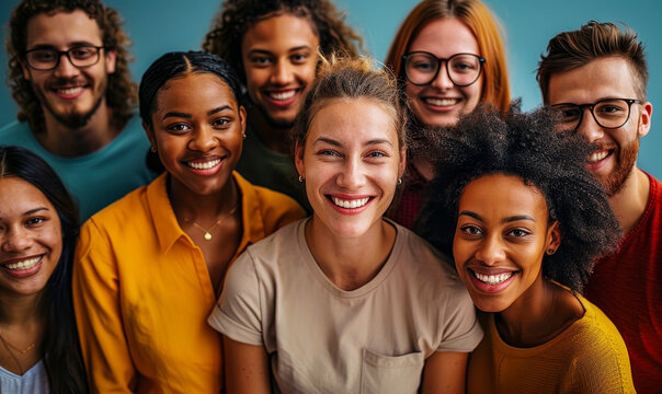 Diverse Group of Happy Young Adults Smiling Together, Bonding in Casual Setting, Friendship Unity, Joyful Faces, Daytime, Positive Mood, Celebrating Diversity and Togetherness, Inclusivity Concept