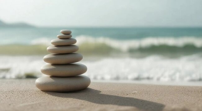Row of white rocks on a beach. The rocks are arranged in a pyramid shape. The beach is calm and peaceful, with the waves gently lapping at the shore. Concept of tranquility and relaxation