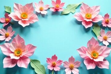 delicate handmade paper flowers on light blue background with empty space in center, flower decor, light blue
