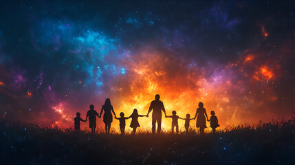 group of silhouettes against the backdrop of an awe-inspiring starry sky, each figure holding hands with children