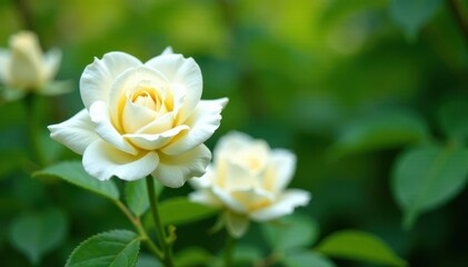 Obraz premium Delicate white roses in full bloom, lush green foliage , beauty, growth, sunlight