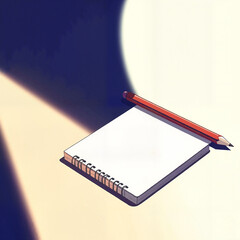 Minimalistic composition of a blank notebook and a red pencil bathed in soft light and shadow