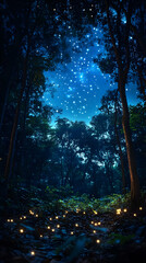 Magical night forest scene with glowing fireflies and starry sky.