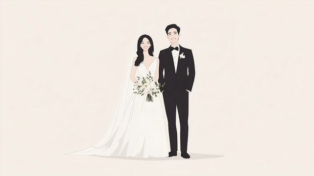 wedding illustration of the bride and groom, vector flat style, white background