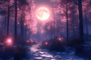 Pink moonlit forest path with stream, glowing lights, and snow.