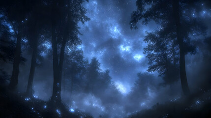 Naklejka premium Ethereal blue night forest scene with glowing particles.