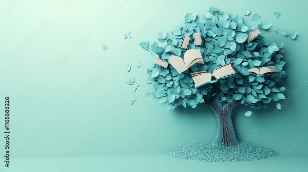 Poster enchanted book tree: a whimsical 3d render of a tree with books as leaves, symbolizing knowledge and