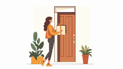 Person open door concept, woman near a doorway, representing access, opportunity, or home-related themes.