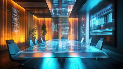 A futuristic boardroom with a transparent table, dynamic lighting, and holographic data displays