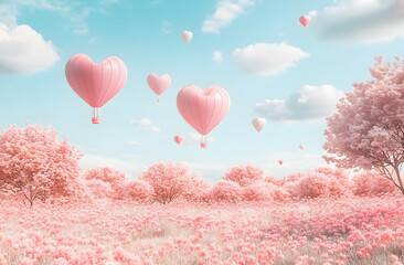 Fototapeta premium Dreamy Valentine's Day Landscape with Pink Heart-Shaped Hot Air Balloons Floating Above a Scenic Field of Blossoming Flowers and Soft Pastel Skies