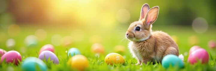 Fototapeta premium Fluffy bunny surrounded by colorful Easter eggs in a vibrant meadow , flowers, photography, vibrant