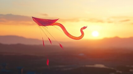 A traditional snake-shaped kite flying high against a sunset during a Chinese New Year celebration.
