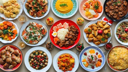 A table overflowing with colorful traditional Christmas dishes, with each plate representing a different country's holiday food, arranged symmetrically for a multicultural feast