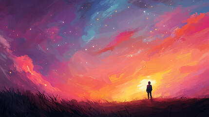 Fototapeta premium A solitary person gazes at the colorful sky during sunset, feeling connected to the universe.