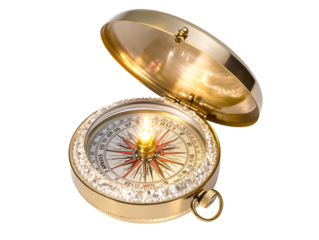 Isolated Golden Compass with Jewels and Open Lid