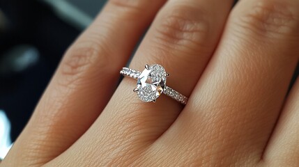 A close-up of an elegant diamond engagement ring on a hand.