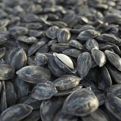 Close-Up View of Pile of Black Pumpkin Seeds on a Textured Surface, Showcasing Natural Varieties with One Seed Open and Revealing White Interior