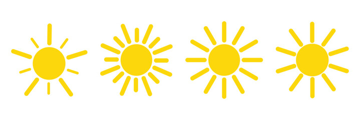 Sun vector set of four in yellow color on white background. Sun simple icons collection. Yellow sun icon set, sunshine and solar glow, sunrise or sunset. Eps 10.
