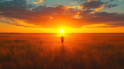 Fototapeta premium Silhouette of a person walking in a golden wheat field at sunset.