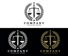 Law Logo design with sword, wreath symbol vector design. Perfect for for law firm, company, lawyer or attorney office logo.