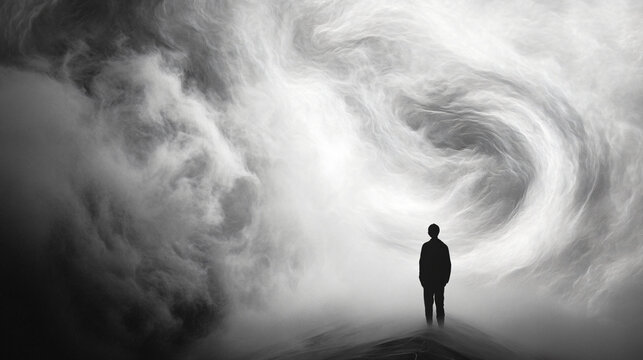 A solitary person gazes into the fog, the swirling patterns reflecting their inner turmoil.