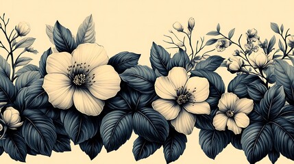 Elegant Floral Border Featuring Large Blooms and Lush Leaves