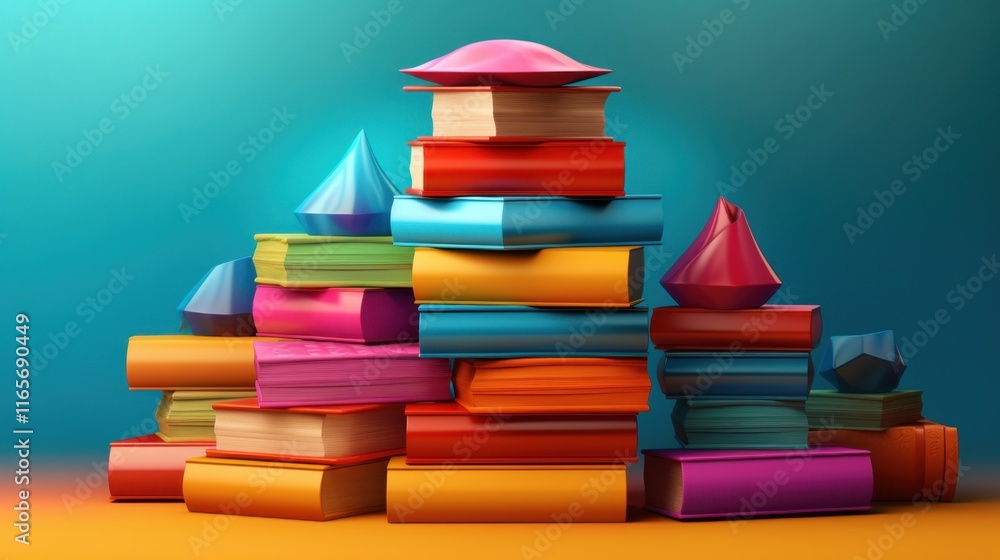 Aufkleber a colorful stack of books with geometric gems: a vivid representation of knowledge and imagination
