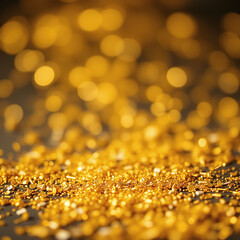 A shower of golden glitter and bokeh lights falling onto a surface covered in golden glitter, creating a festive and luxurious atmosphere against a dark background