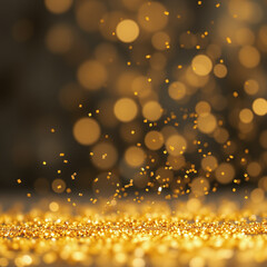 A shower of golden glitter and bokeh lights falling onto a surface covered in golden glitter, creating a festive and luxurious atmosphere against a dark background